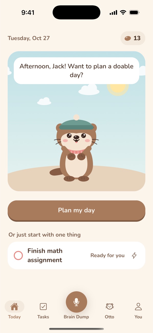 Pebble's Today screen: Otto on his riverbank asking 'Want to plan a doable day?'